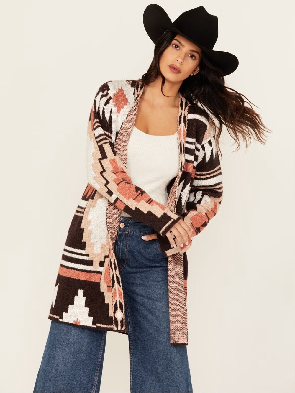 Shyanne Open-Front Aztec Pattern Long Cardigan Sweater - Brown & Peach